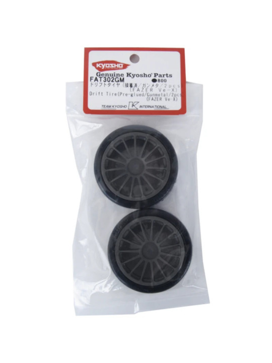 KYOSHO DRIFT PRE-GLUED TYRES FAZER VE-X 1:10 ON GUN METAL RIMS (2) FAT302GM