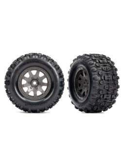 TRAXXAS TIRES & WHEELS ASSEMBLED CHARCOAL GRAY WHEELS SLEDGEHAMMER TIRES (FRONT) (2) – MINI MAXX 10771-GRAY