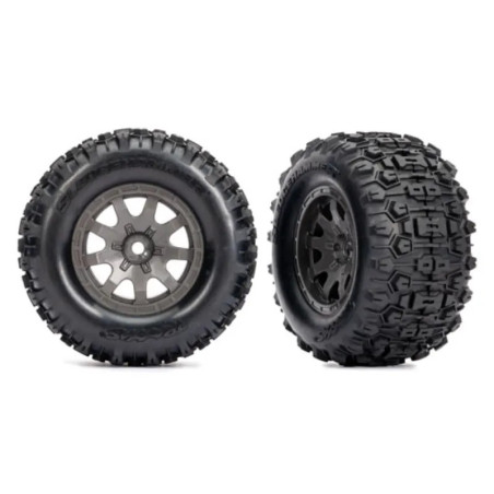 TRAXXAS TIRES & WHEELS ASSEMBLED CHARCOAL GRAY WHEELS SLEDGEHAMMER TIRES (FRONT) (2) – MINI MAXX 10771-GRAY