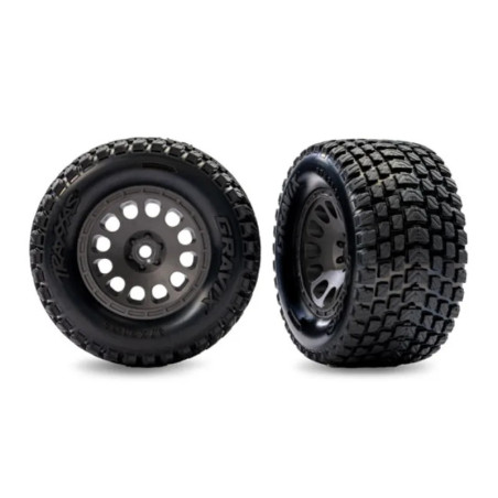 TRAXXAS TIRES & WHEELS ASSEMBLED CHARCOAL GRAY WHEELS DUAL PROFILE GRAVIX TIRES (FRONT) (LEFT & RIGHT) 10772-GRAY