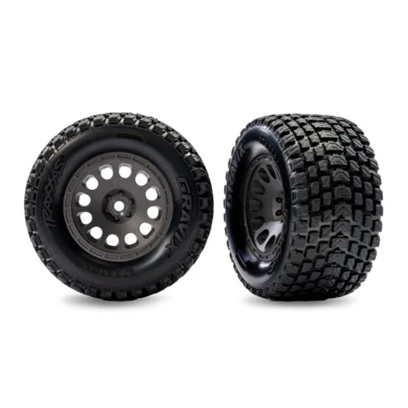 TRAXXAS TIRES & WHEELS ASSEMBLED CHARCOAL GRAY WHEELS DUAL PROFILE GRAVIX TIRES (FRONT) (LEFT & RIGHT) 10772-GRAY